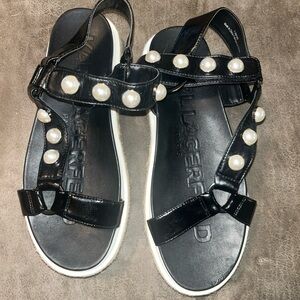 Karl Lagerfeld Black Leather Sandals with Pearl Trim